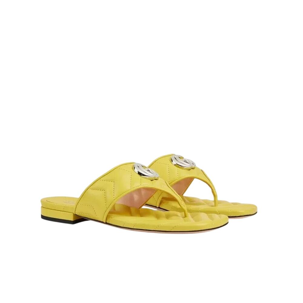 Gucci GG Marmont Chevron Matelassé Thong Sandals EU 38 US 8 Yellow Leather NIB